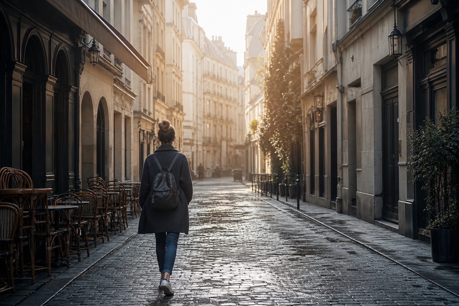 Traveler with a small backpack walking a quiet cobblestone street in early morning light