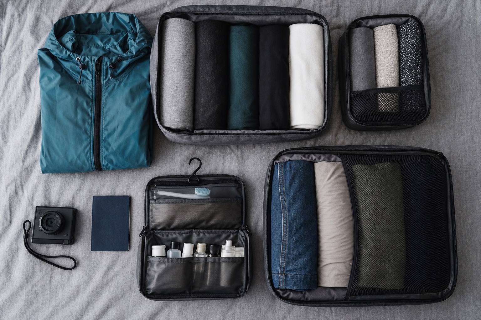 Packing cubes with rolled clothing, toiletry kit and rain jacket arranged on a bed