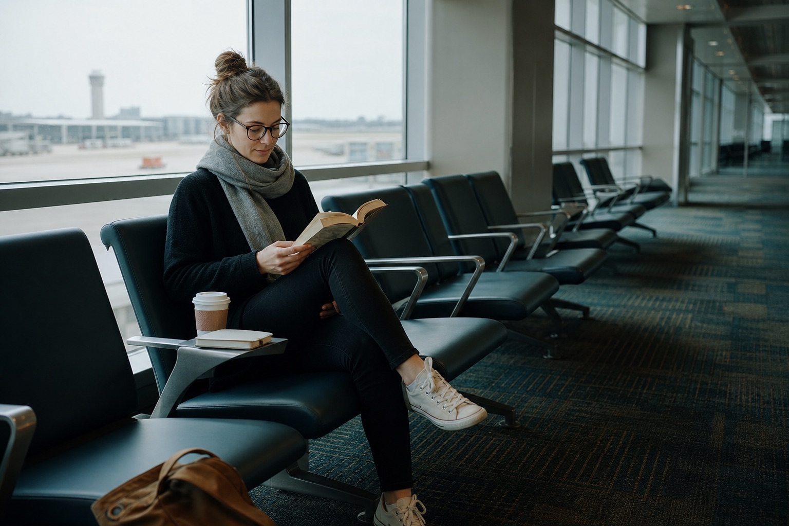 Traveler reading a paperback in an empty airport seating area near a large window