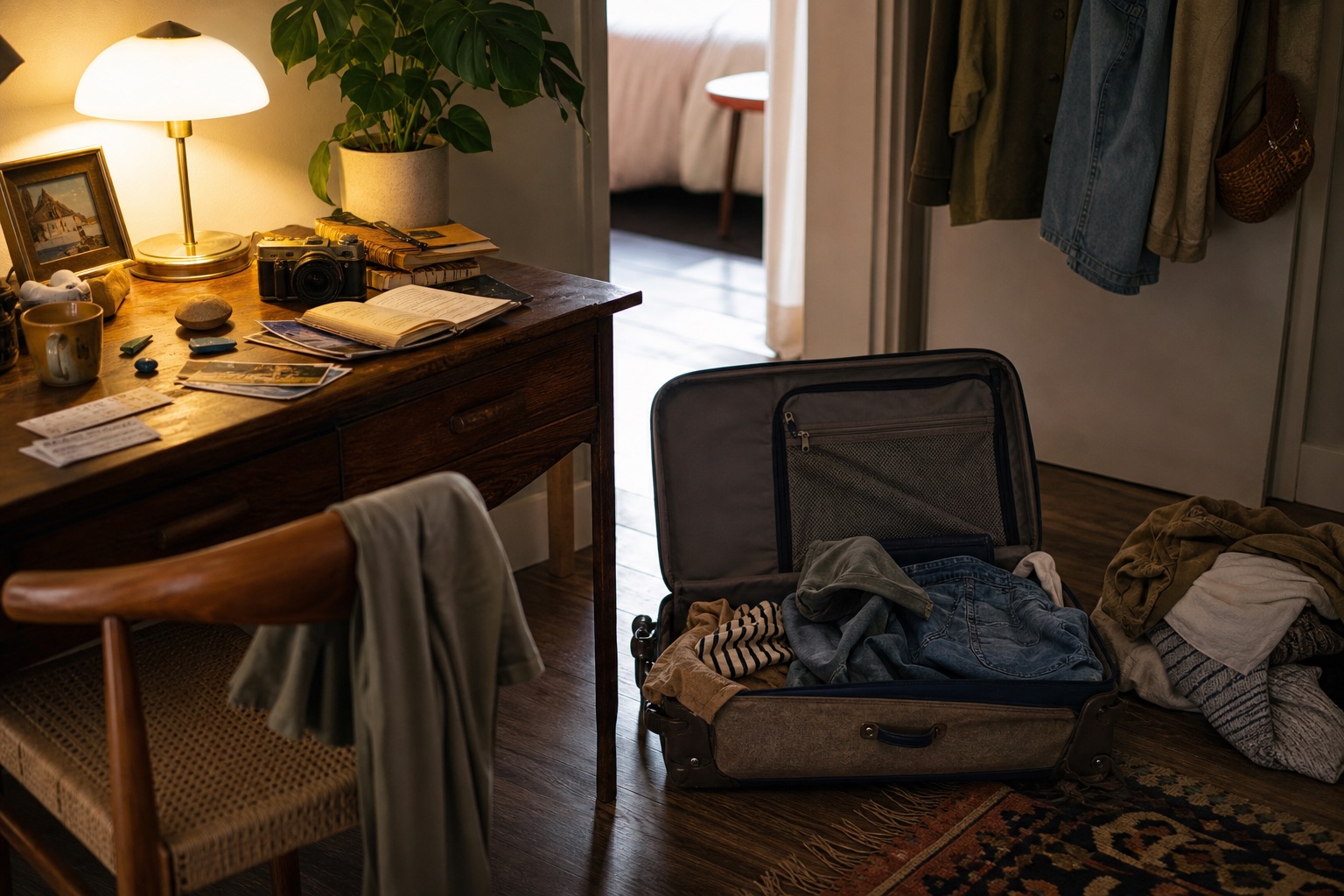 Home desk with lamp, notebook and souvenirs beside a half-unpacked suitcase
