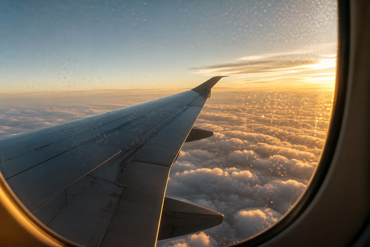 Airplane wing over clouds at golden hour seen through a passenger window